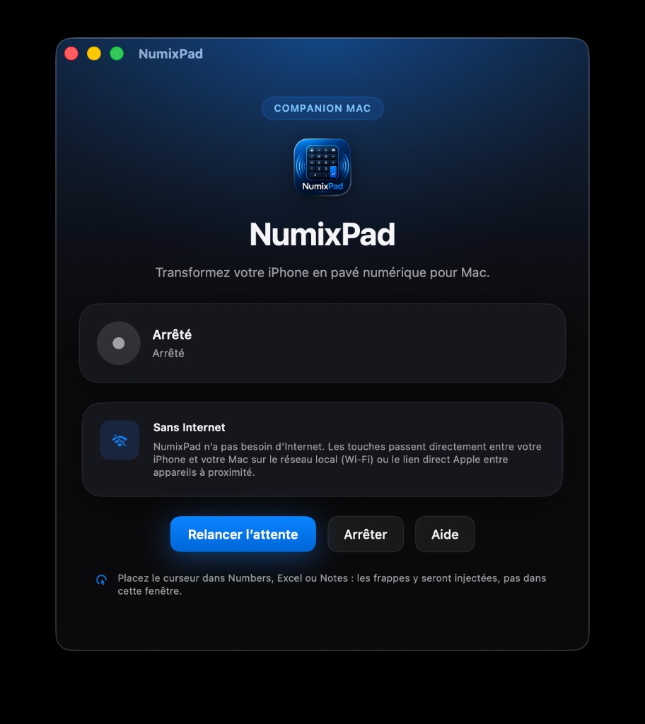Aperçu du companion NumixPad sur Mac : interface sombre, statut de connexion iPhone